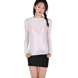 Women Oil Shiny Glossy See Through Mesh Breathable Long Sleeve Blouse Slimming T-Shirt Yoga Gym Stretch Clubwear Women's Shirts