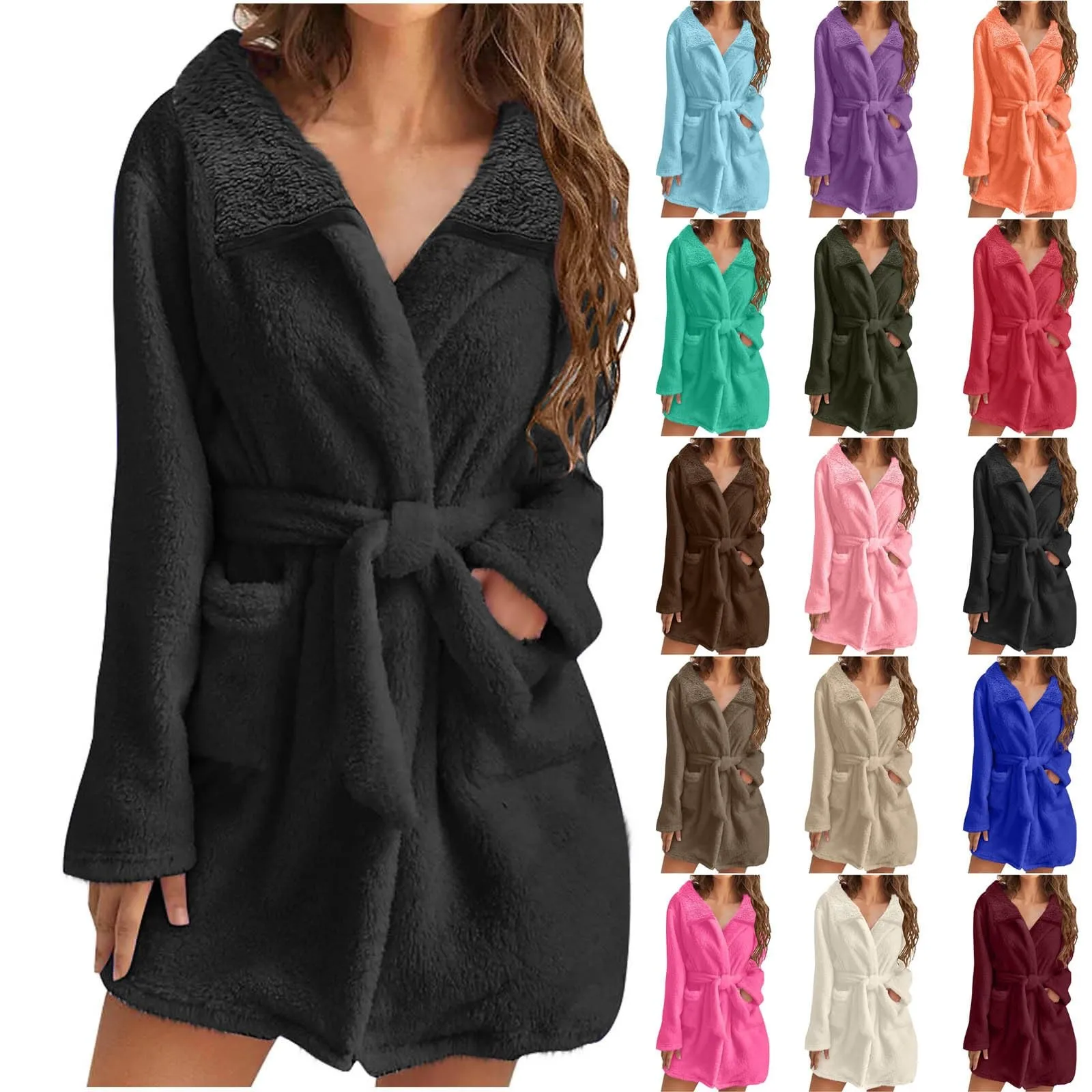 

Female Basic Solid Color Long Sleeve Warm Bathrobe Fashion Comfortable Home Wear Plush Pajamas Nightgown