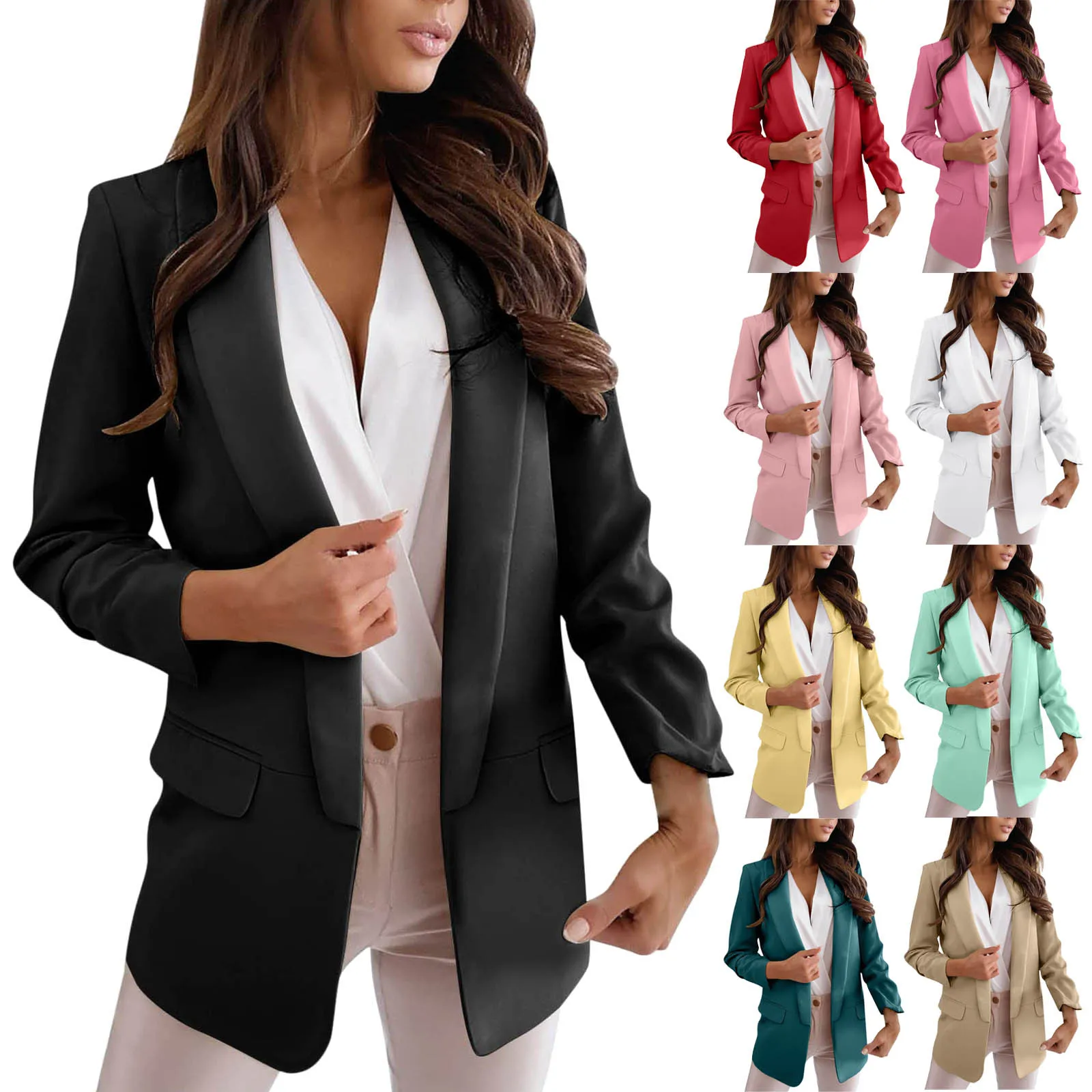 Blazer wanita lengan panjang, pakaian harian, Blazer wanita tanpa kancing, lengan panjang, musim gugur, Saku, Flap palsu, warna polos