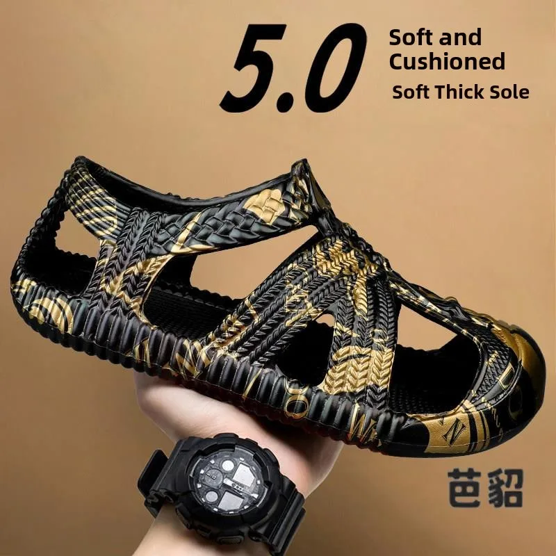 Men's Sandals Summer Outdoor Wear Woven Grass Shoes Anti-slip Sports Casual Driving Soft Bottom Hollow Hole Shoes