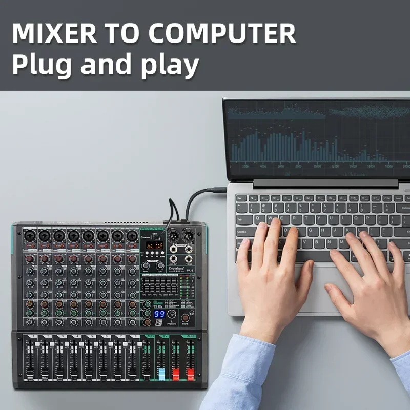 Mixer PA8 8 Channel Sound Board Console DJ Mixing Desk System Interface Built-in 99 Reverb Effect