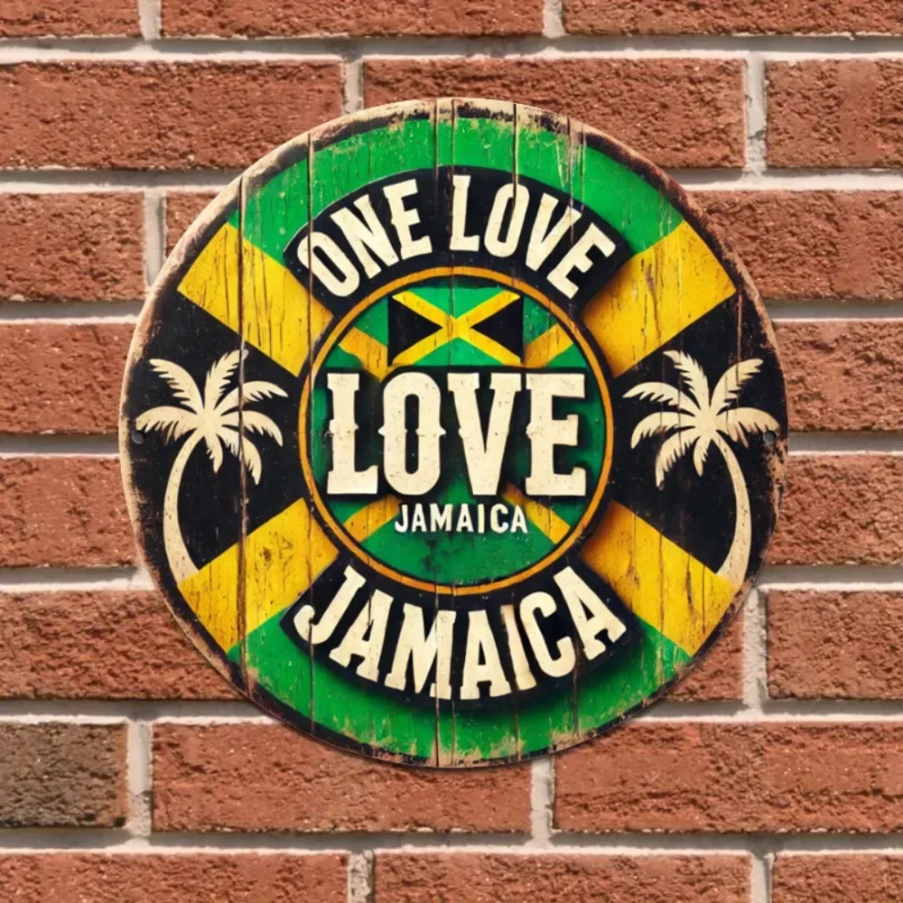Vintage Jamaica Love Metallschild – Rustikales grünes und gelbes „One Love“ mit Palmen, Wanddekoration für Zuhause und Garten, jamaikanisches Geschenk