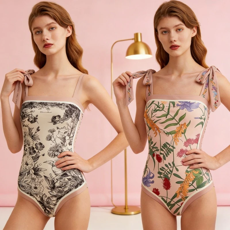 New High-end Women One-piece Swimsuit Floral Print Double-sided Thin Huludao Swimwear