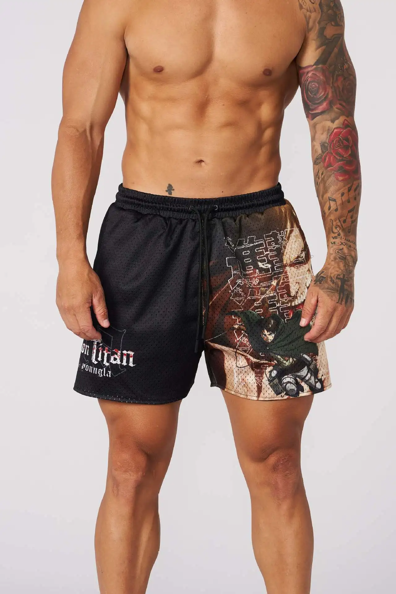 Shorts da moda americana masculina, estilo anime legal, malha de secagem rápida, estiramento respirável, calção de cordão, calça de praia casual