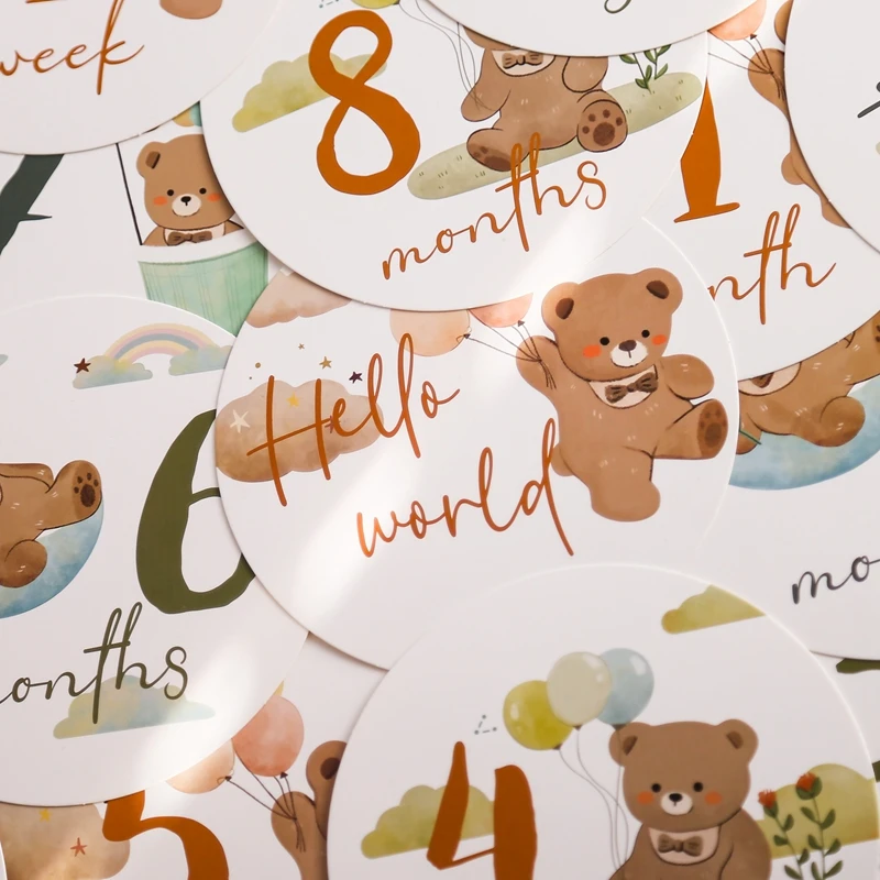 16 Stücke Papier Baby Meilenstein Nummer Monatliche Gedenkkarten Neugeborenen Cartoon Bär Gravierte Alter Fotografie Requisiten Baby Geburt Geschenk – Detail 13