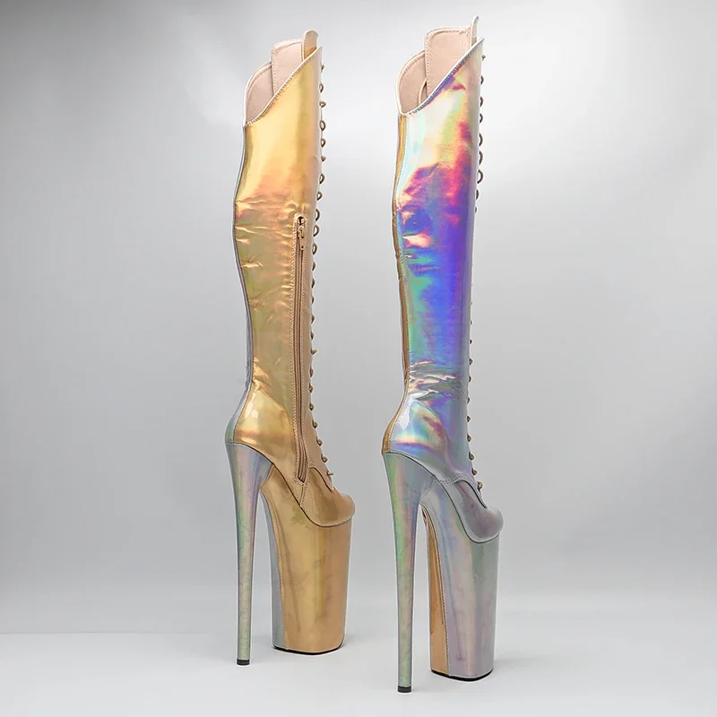 Leecabe  26CM/10inches Shiny  PU  Upper Gold With Silver color   sexy exotic High Heel platform party shoes Pole Dance boot