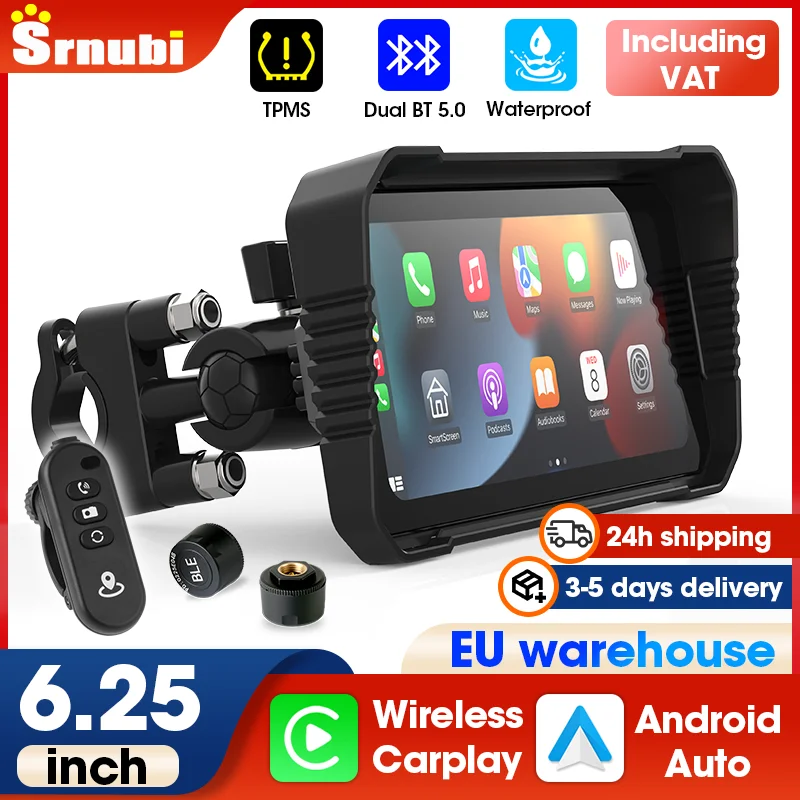 Navigatore GPS da 6,25 Pollici per Moto con CarPlay, Schermo Touch, Android Auto, Impermeabile IP67, Accessori per Motociclette