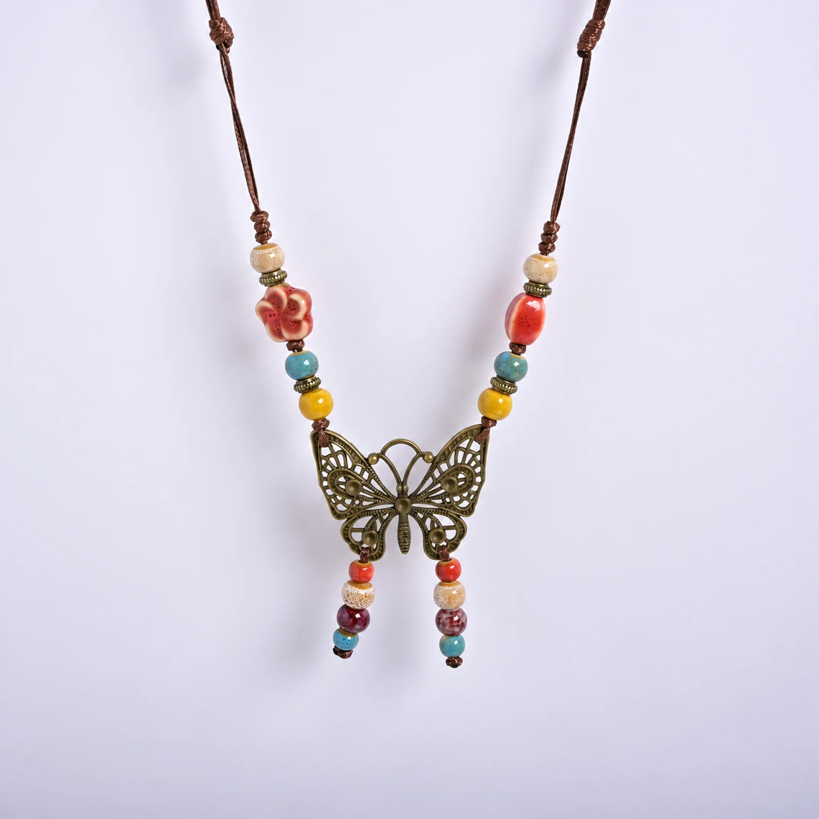 Handmade Ceramic Bead Butterfly Wing Necklace with Hand-Braided Waxed Cord,Metal Fittings,and Alloy Butterfly 609P5-16