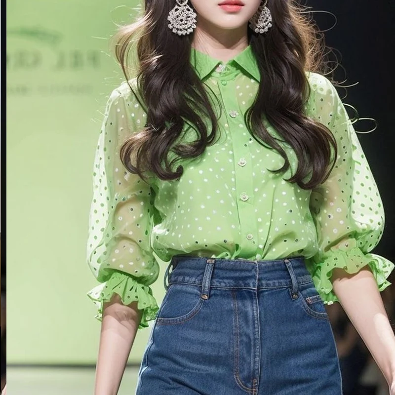 قميص نسائي بأكمام طويلة ، كم طويل ، قميص مطبوع أنيق ، سترة مرقعة بأزرار ، قمم فطر شجرة صالحة للأكل ، الربيع ، الصيف ، جديد