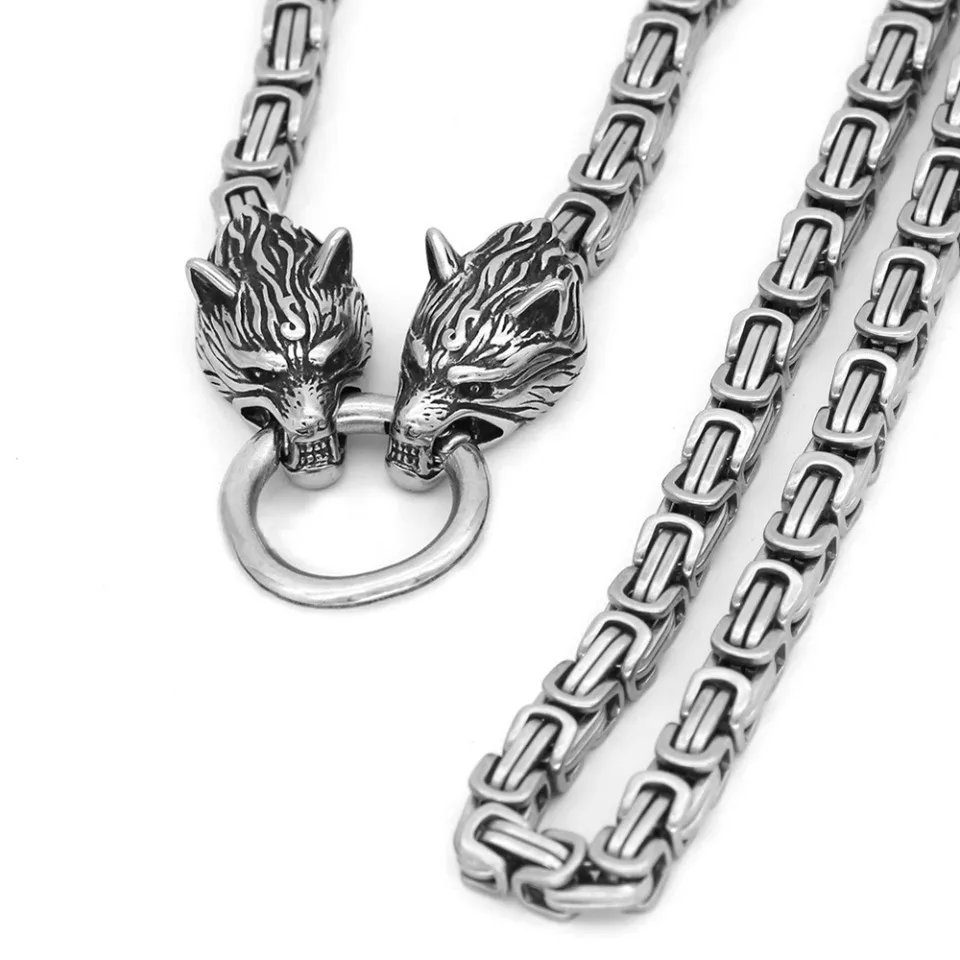 Viking Wolfskopf Thor Hammer Anhänger Halskette Edelstahl Vintage Viking Amulett Unisex Punk Biker Modeschmuck Geschenk – Detail 1