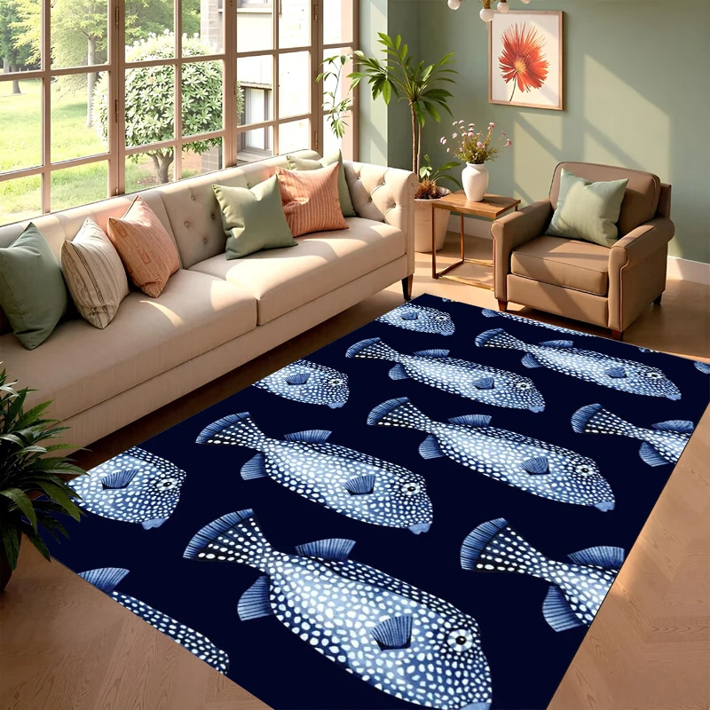 Nautical Blue Spotted Fish Area Rug Coastal Ocean Print NonSlip Floor Mat for Living Room Bedroom Beach House Decor Home Carpet