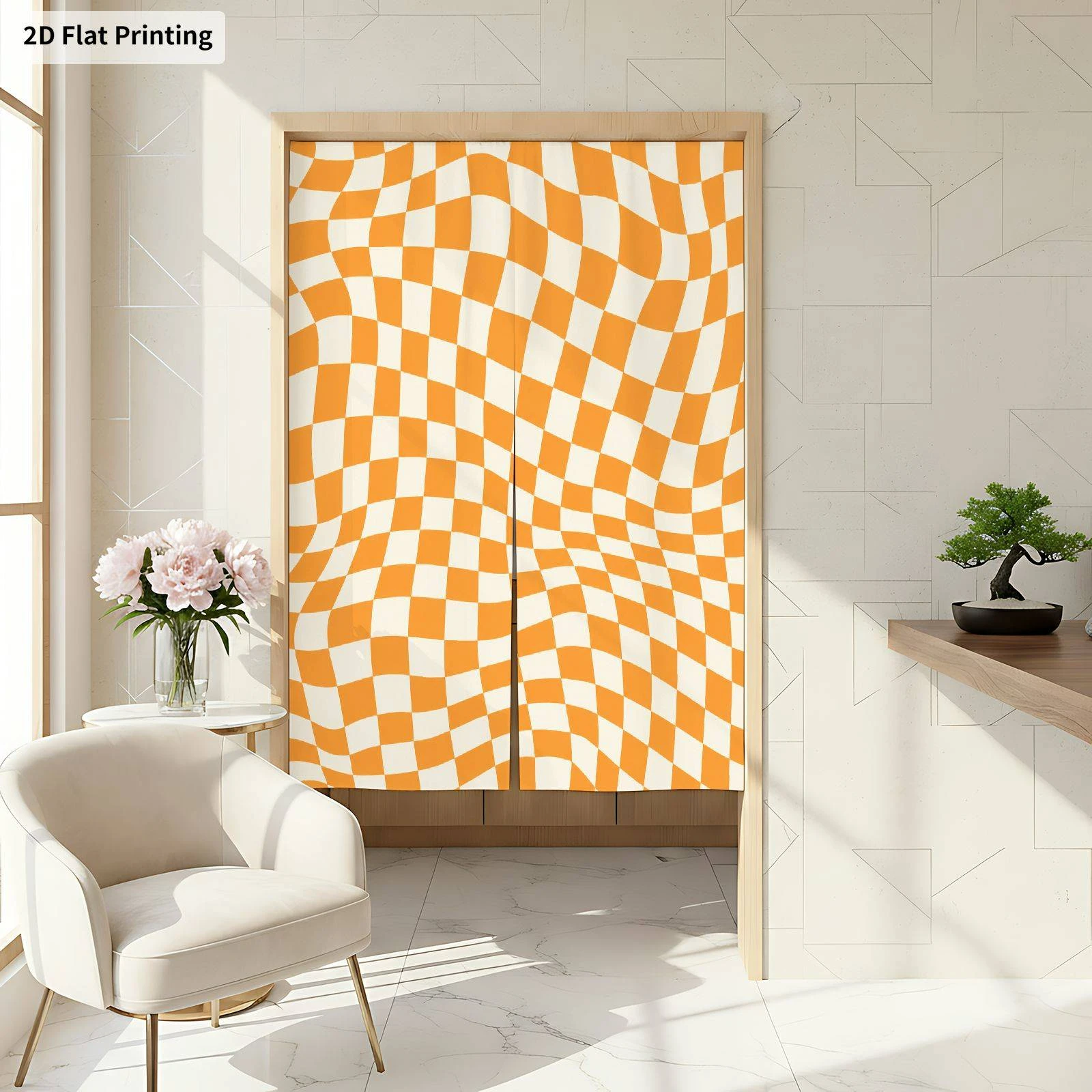 VIKAMA Trendy Distorted Checkered Fabric Door Curtain Japanese Style Half Door Curtain, Noren Curtain for Kitchen Bedroom