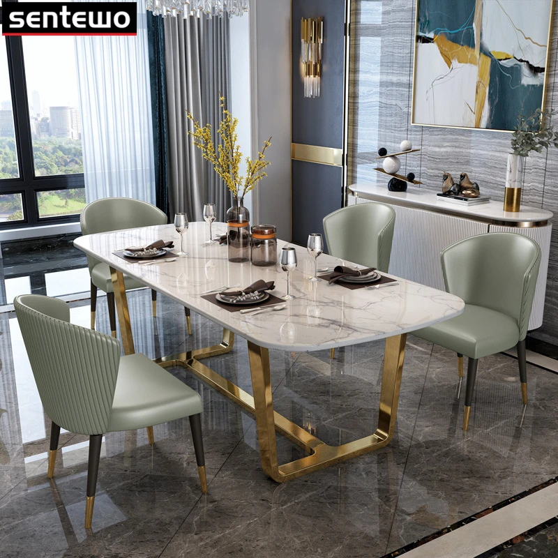 UB7012 Italian Luxury Marble Dining Table Set 4 Chairs Stainless Steel Gold Plating Base Kitchen Table Dinner Tables Chair Silla