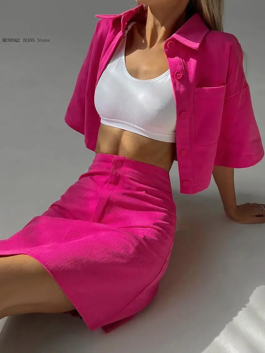 Short Sleeved Shirt Jacket, Summer High Waisted A-Line Mini Skirt Set, High Street Women\\\'s Casual Fashion Two-Piece Set