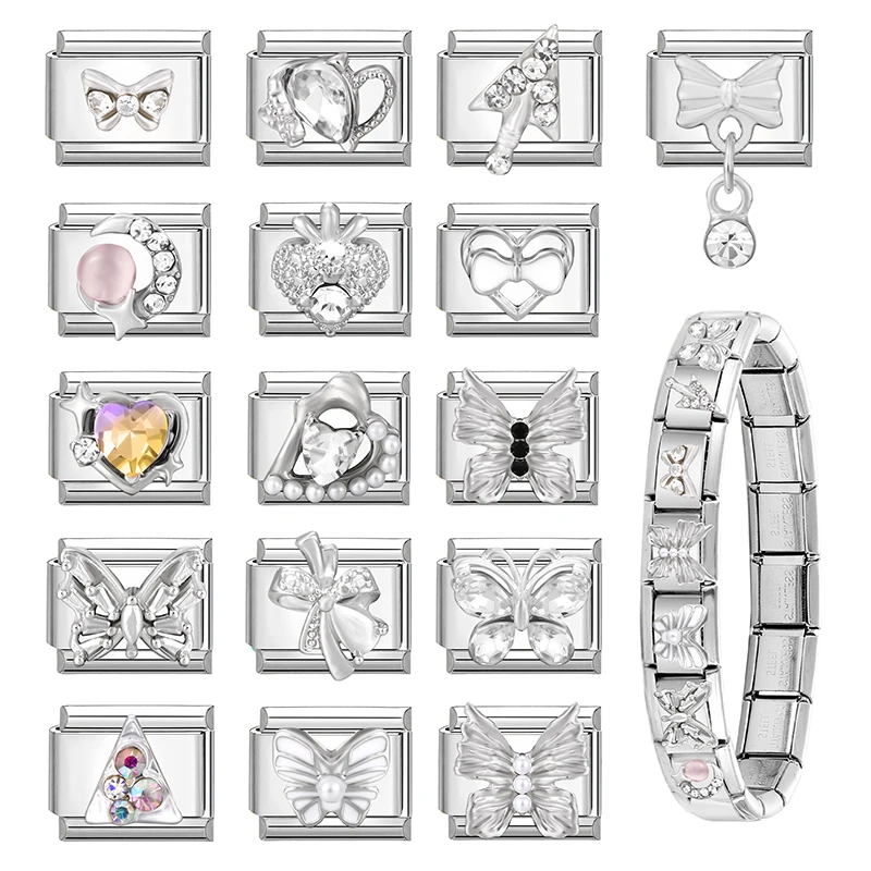 

New Design Zircon Heart Bow Knot Moon Butterfly Italian Charm Links Fit 9mm Stainless Steel Bracelet Women DIY Making Gifts