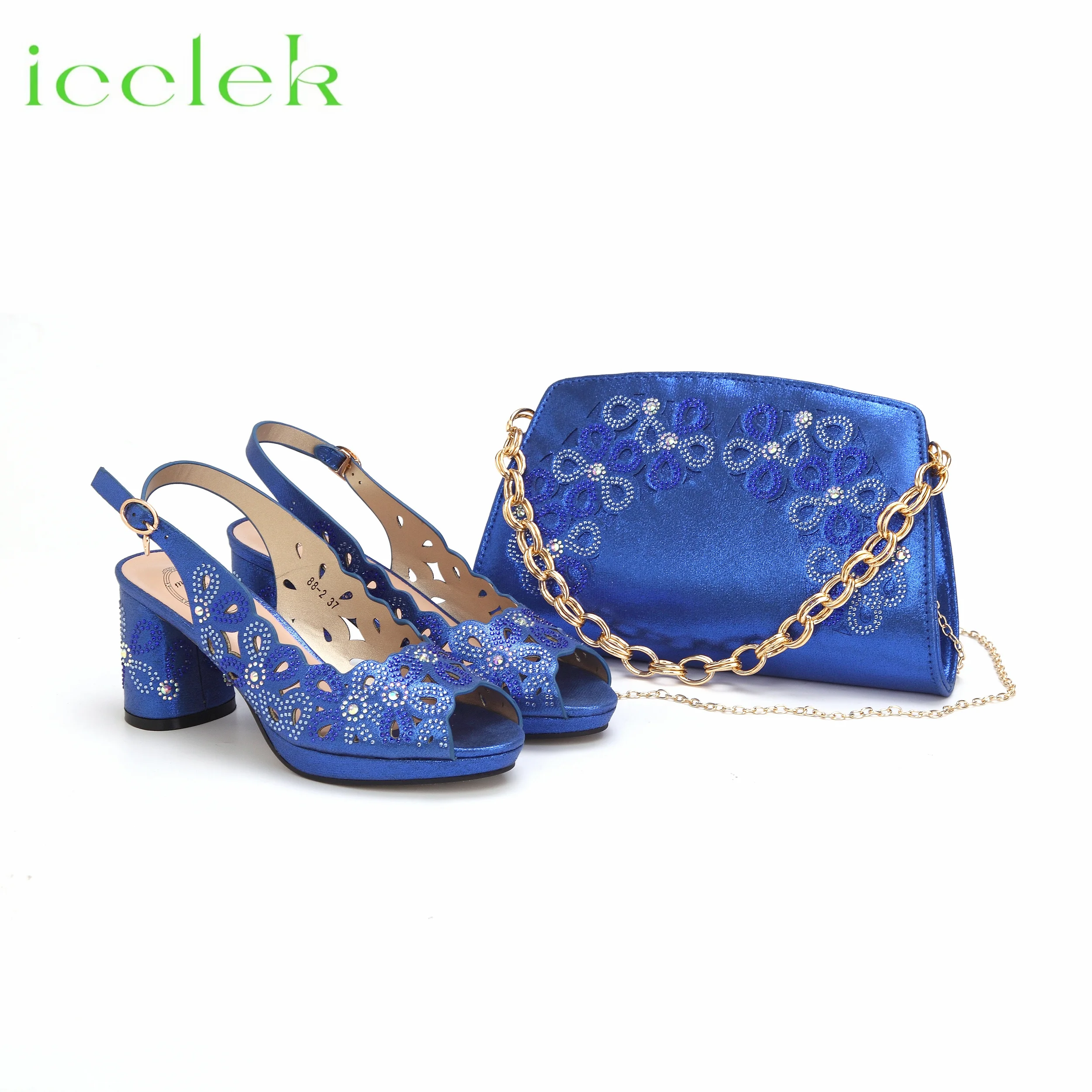 

2024 Hot Selling Hollow Pattern Design Ladies Comfortable High Heel Sandal with Bag Set in Royal Blue For Party