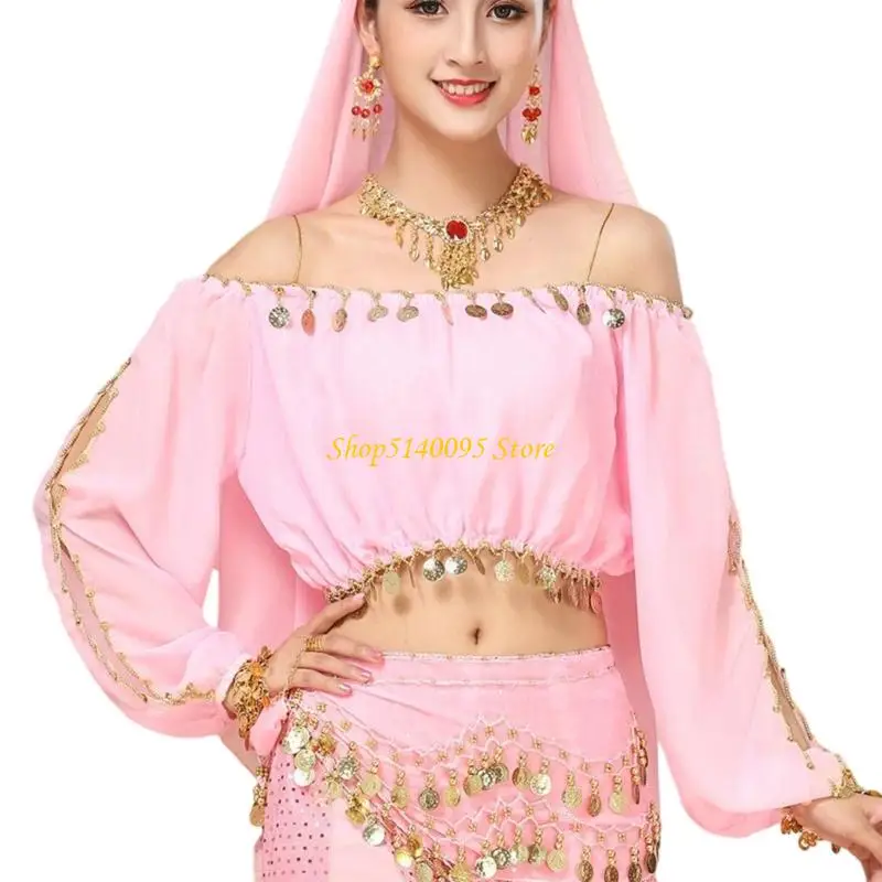 Dxae Langarm Pailletten Crops Tops Bauch Tanzkostüm Frauen Bauchtanzmünzen Top Top