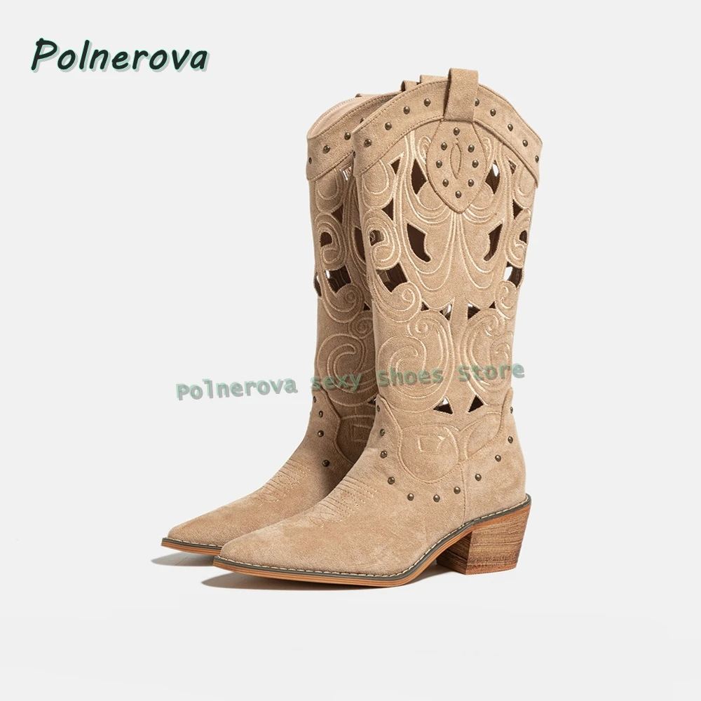 

Embroidery Cut Out Western Cowboy Boots Pointed Toe Chunky Heels Solid Faux Suede Spicy Girl Knee High Boots Pull On Rivet 2026