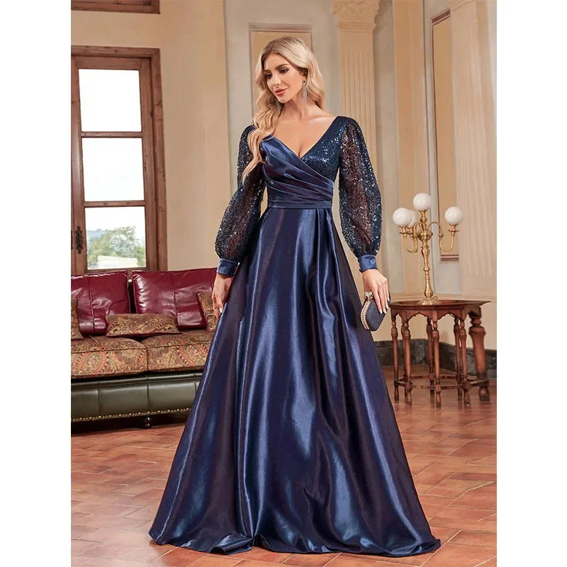 V-Neck Maxi Formal Occasion Women's Satin Party Wedding Prom Dress Sparkle Long Sleeves Evening Dresses