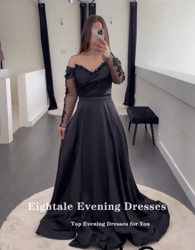 Eightale Arabic Evening Dresses Party Satin V-Neck A-Line Black Appliques Beaded Long Sleeves Prom Gowns vestidos de noche