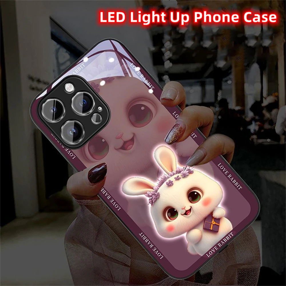 

Cute Rabbit Luminous Phone Case For iPhone 15 14 13 12 11 Pro Max X XR XS 6 7 8 Plus SE2020 LED Light Glass Shockproof Cover