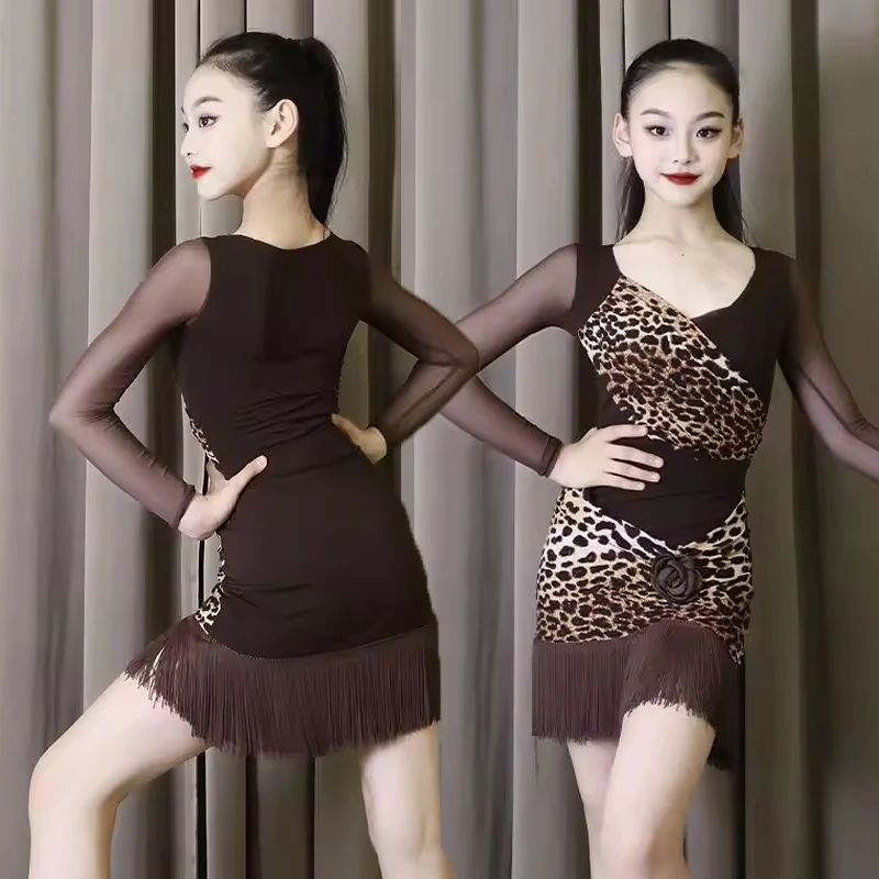 

Леопардовое платье для латинских танцев для девочек, сетчатый топ с длинными рукавами, юбка с кисточками, ча-ча, румба, самба, тренировочный костюм для сценического выступления