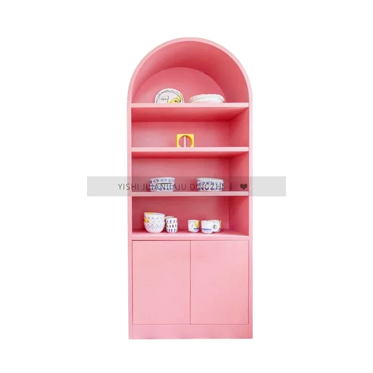 

Nordic Light Luxury Bookcase Modern Minimalist Locker Pink Double Door Arched Lobby Entrance Cabinet