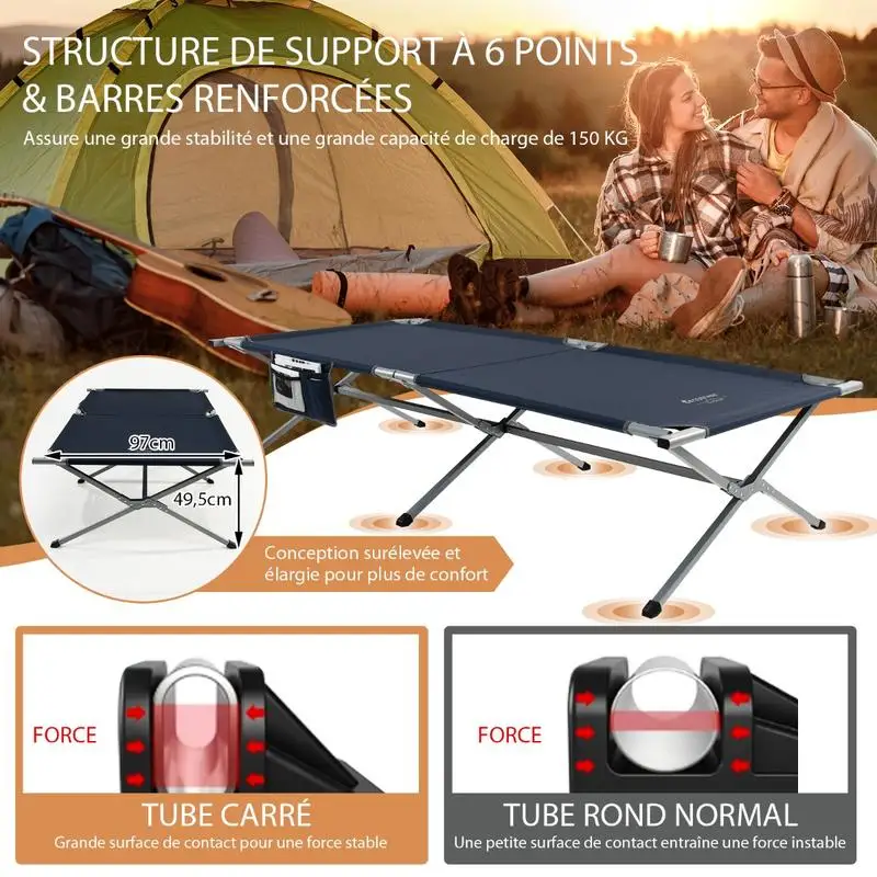 Lit de camp pliable, cadre en aluminium résistant, tissu Oxford 600D imperméable, capacité 150 kg. Structure stable à six points, pochette latérale, sac de transport inclus, adapté au camping, à la plage et à la sieste au bureau.