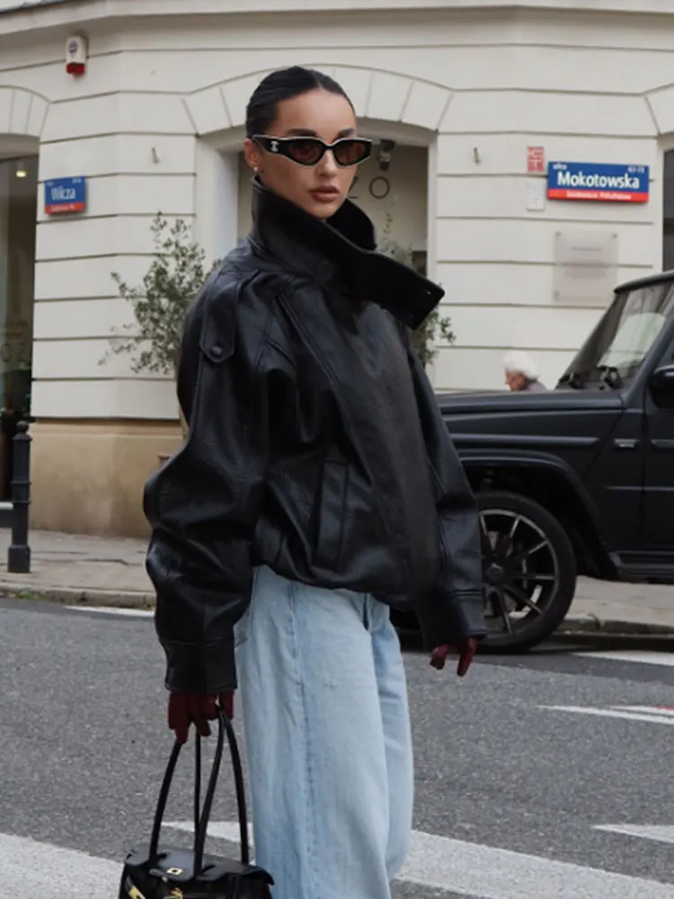 

NLZGMSJ женская осенне-зимняя уличная кожаная куртка с воротником-стойкой, свободная женская верхняя одежда на молнии и пуговицах с длинными рукавами