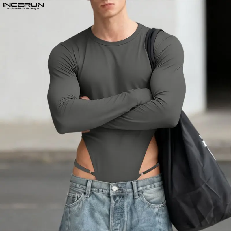 

INCERUN Men Bodysuits Solid Color O-neck Long Sleeve Sexy Rompers Male Playsuits Streetwear Fashion Casual Bodysuit Men S-5XL