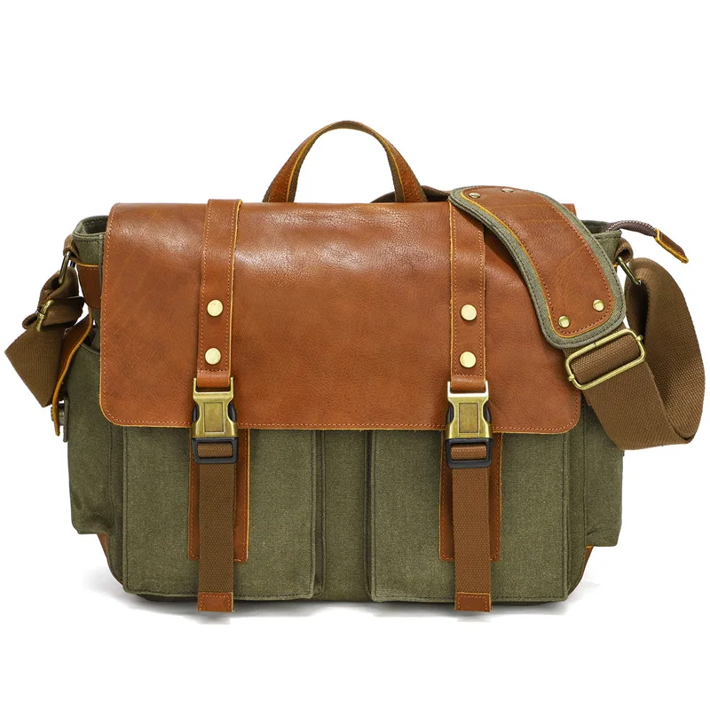 Men's Waterproof Messenger Bag for Work  Canvas Designer Full Grain Black Leather Crossbody Bag Outdoor Laptop Shoulder Bag