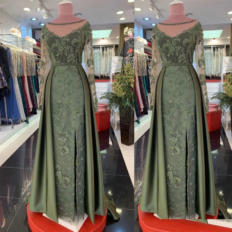 Luxe Olive Green Avondjurken Lace Lange Mouwen Side Split Wedding Partij Jassen Stain Trein Invitada Boda 2023 Vestido De