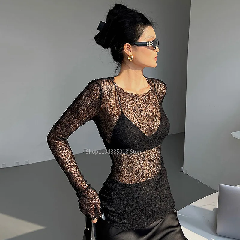 

Fashion new solid color mesh hollow out round neck long sleeved t-shirt for women