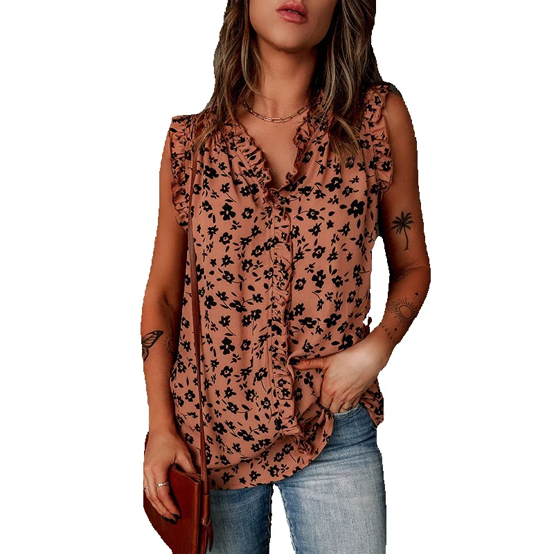 

Shi Ying Brown Printed Ruffled Pullover Tank Top For Women's Summer Fashion Outwear Sleeveless 25114566