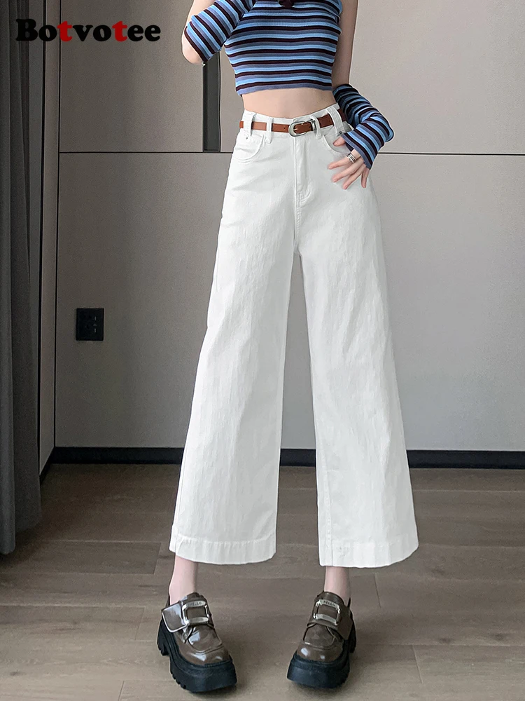 

Botvotee Ankle Jeans for Women 2025 Summer Korean Fashion Straight Wide Leg High Waisted Denim Pants White Blue Cropped Jeans