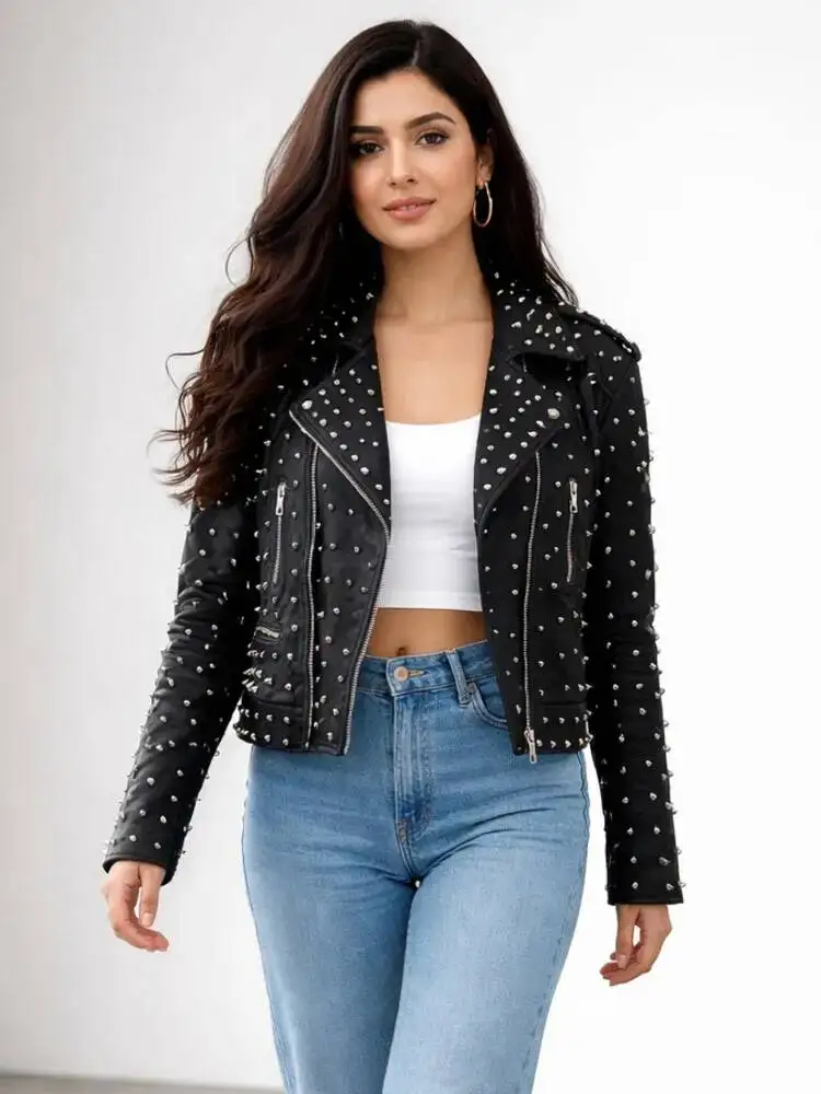 ONEXWEN Women Black Studded Leather Jacket Punk Rivet Biker Jacket Zipper Long Sleeve Coat Gothic Streetwear Outerwear ZM5292