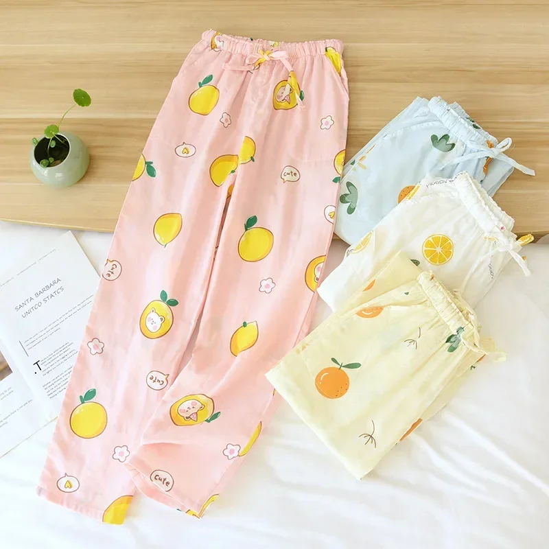 100% cotton gauze home pants ladies thin pants multicolor large size spring and autumn summer household trousers casual loose