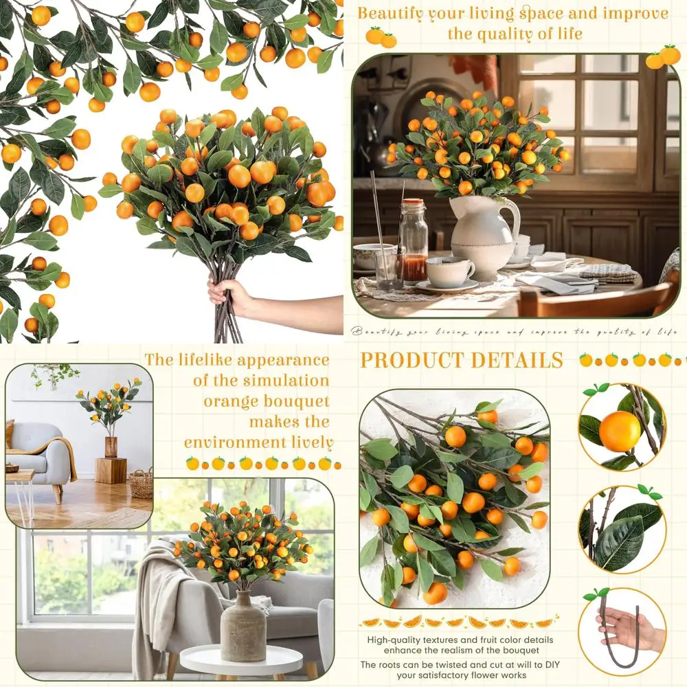 

10 Pcs Artificial Tangerine Branches 25 Inch Realistic Faux Oranges Fruit with Green Leaves Simulation Orange Branch Decorative