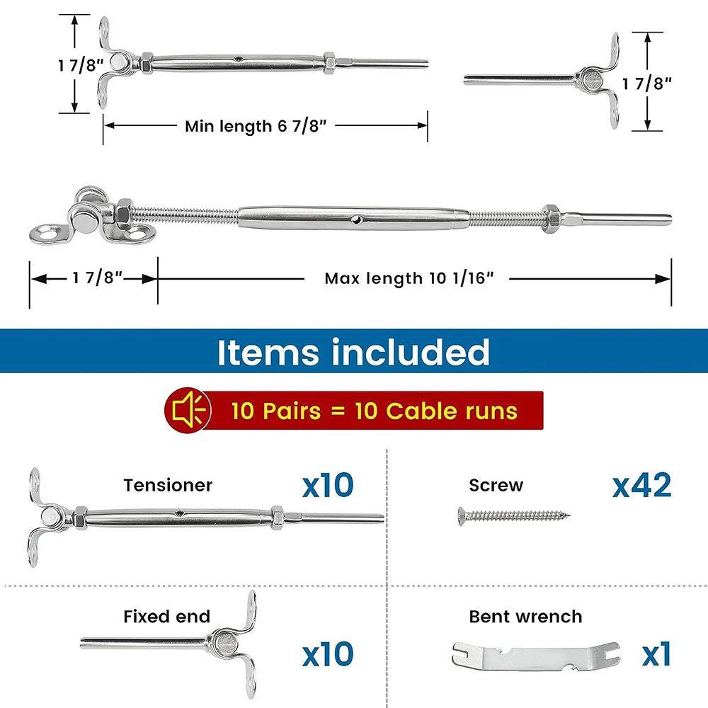 10 Pairs Cable Railing Kit T316 Stainless Steel 1/8