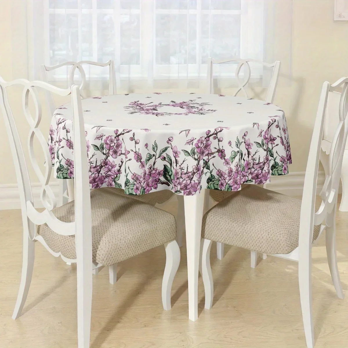 One elegant floral tablecloth - polyester microfiber, machine washable, featuring pink and purple floral designs, yzb