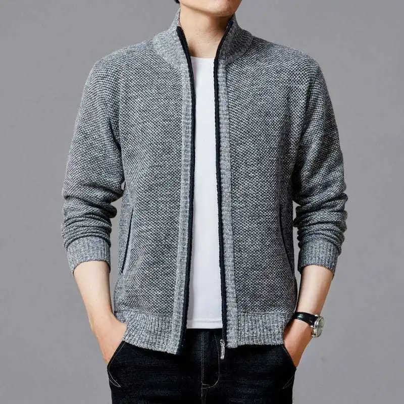 

Men Stand Collar Swearter Casual Fleece Knit Zipper Long Sleeve Fashion Warm Pokect Korean High Quality Winter Men Sweater