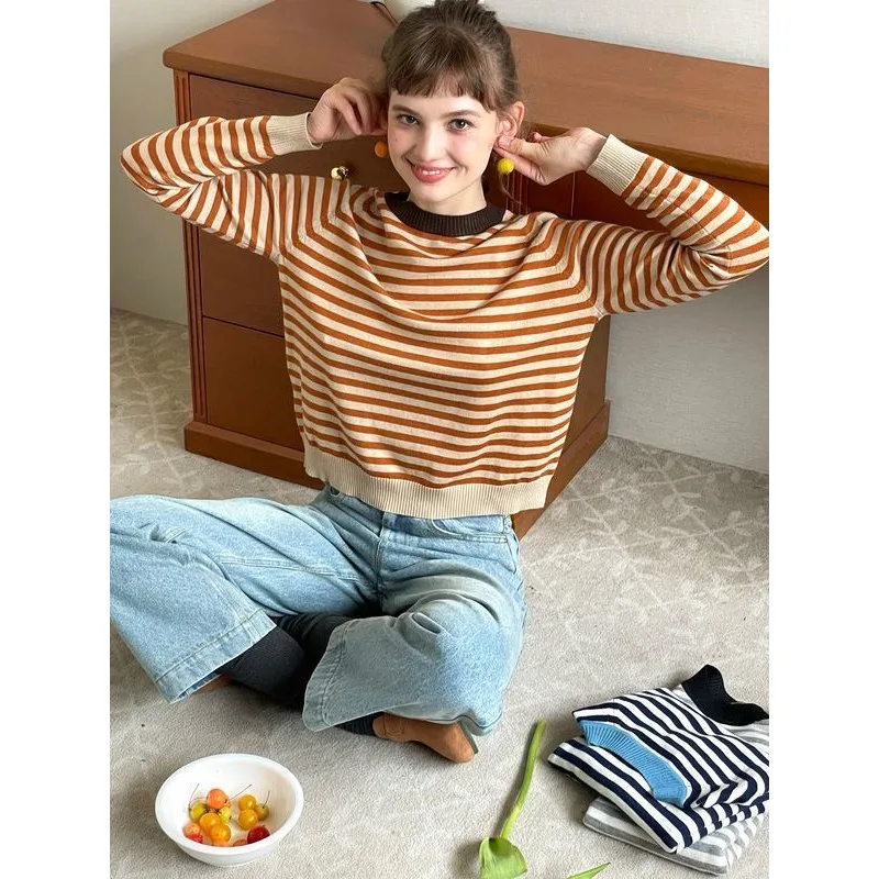 Модный и универсальный полосатый свитер контрастного цвета с круглым вырезом и длинными рукавами для женщин весной и осенью, элегантный топ