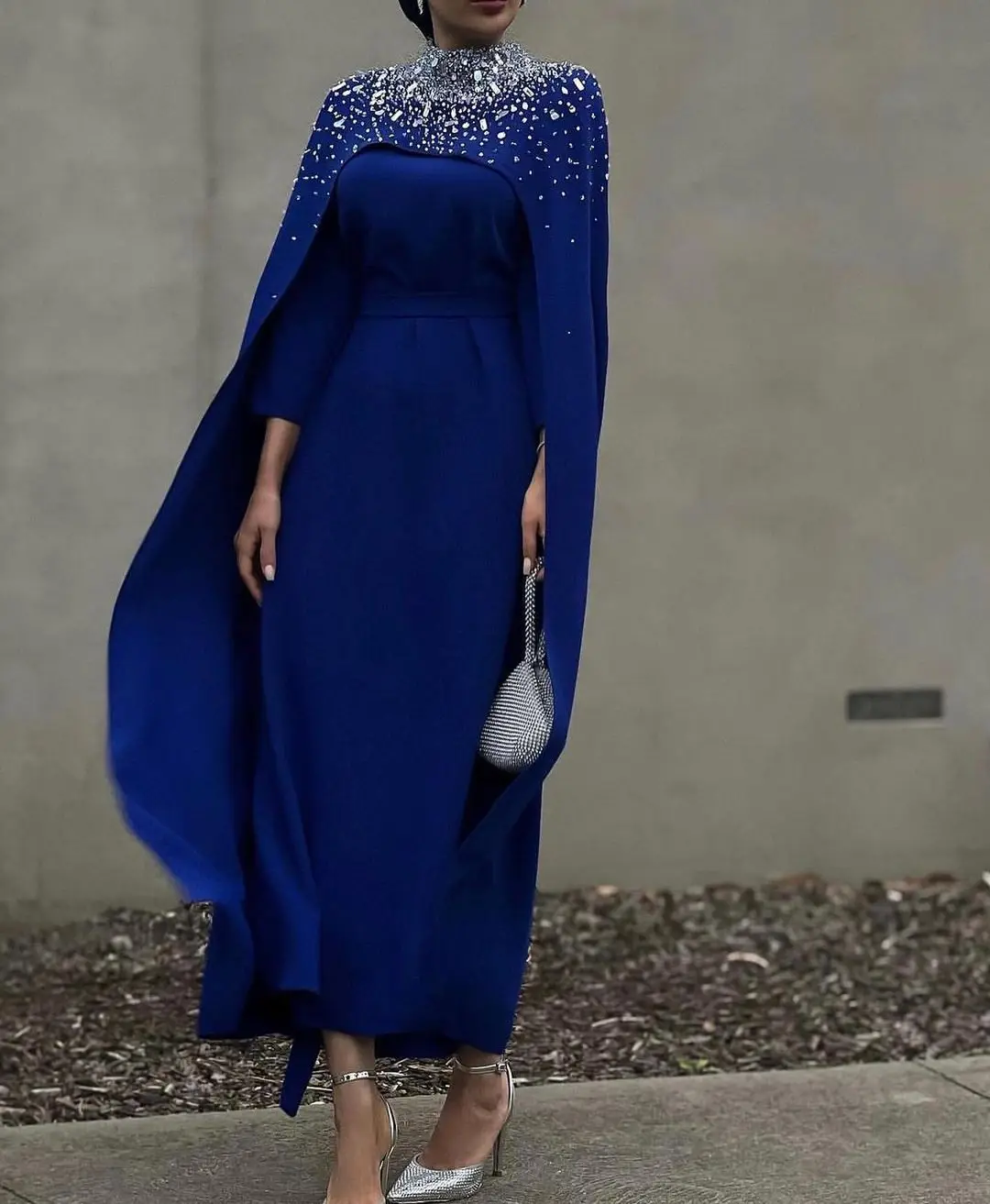 Azul real mangas compridas vestidos de baile com gola alta beadings jaqueta jewel neck tornozelo comprimento arábia saudita vestido de festa à noite