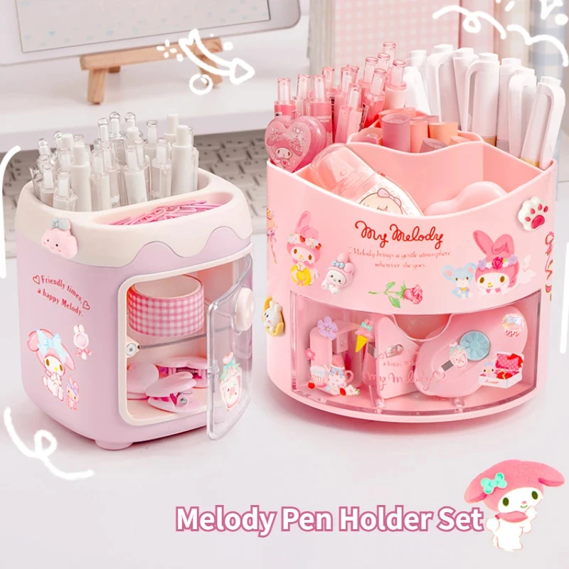 

Sanrio Rotating Pen Holder Organizer Set Kawaii Kuromi Melody Large Capacity Pen Storage Rack Cute Girls Gifts with Stickers Pen