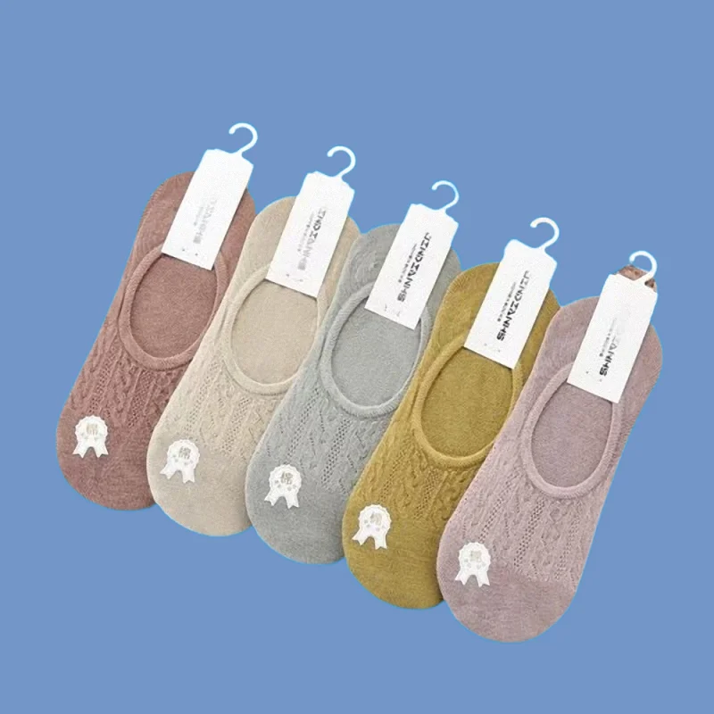 Meias casuais de algodão, fina, cor sólida, absorvente de suor, respirável, silicone, salto antiderrapante, meias invisíveis, verão, 5 pares, 10 pares