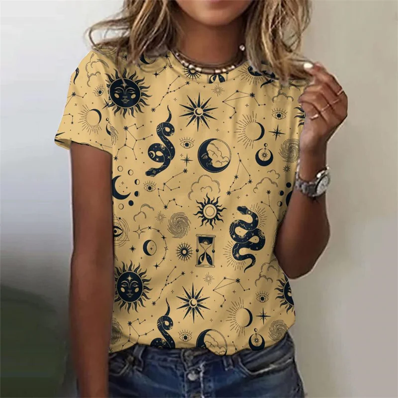 

Plus size 3D Printed Sun Stars Moon T Shirt For Women Starlit Sky Graphic Tees Casual Loose TShirts Round Neck Top Short Sleeves