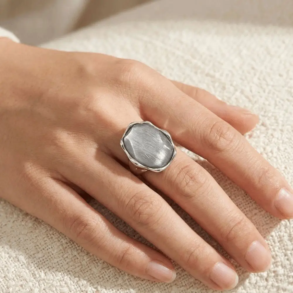 Trendy Resin Water Ripple Ring Adjustable Zinc Alloy Gemstone Resin Ring Silver Plated Vintage Blue Cat Eye Ring Party