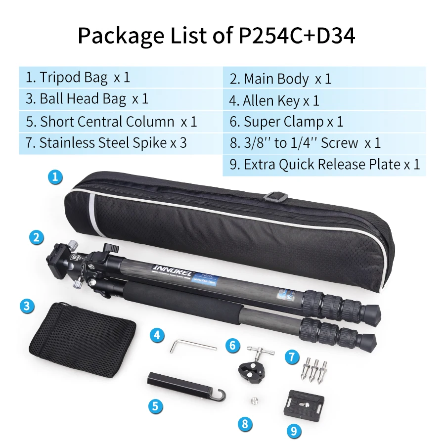 Kohlefaser-Stativ-INNOREL P254C Tragbares, kompaktes, leichtes Reisestativ und Einbeinstativ für digitale DSLR-Kameraständer, Belastung 12 kg – Detail 13