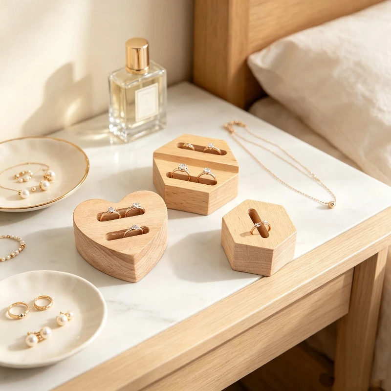 1Pc Natural Wood Ring Display Holder Hexagon Heart Shape Single Double Slot Jewelry Ring Stand For Show