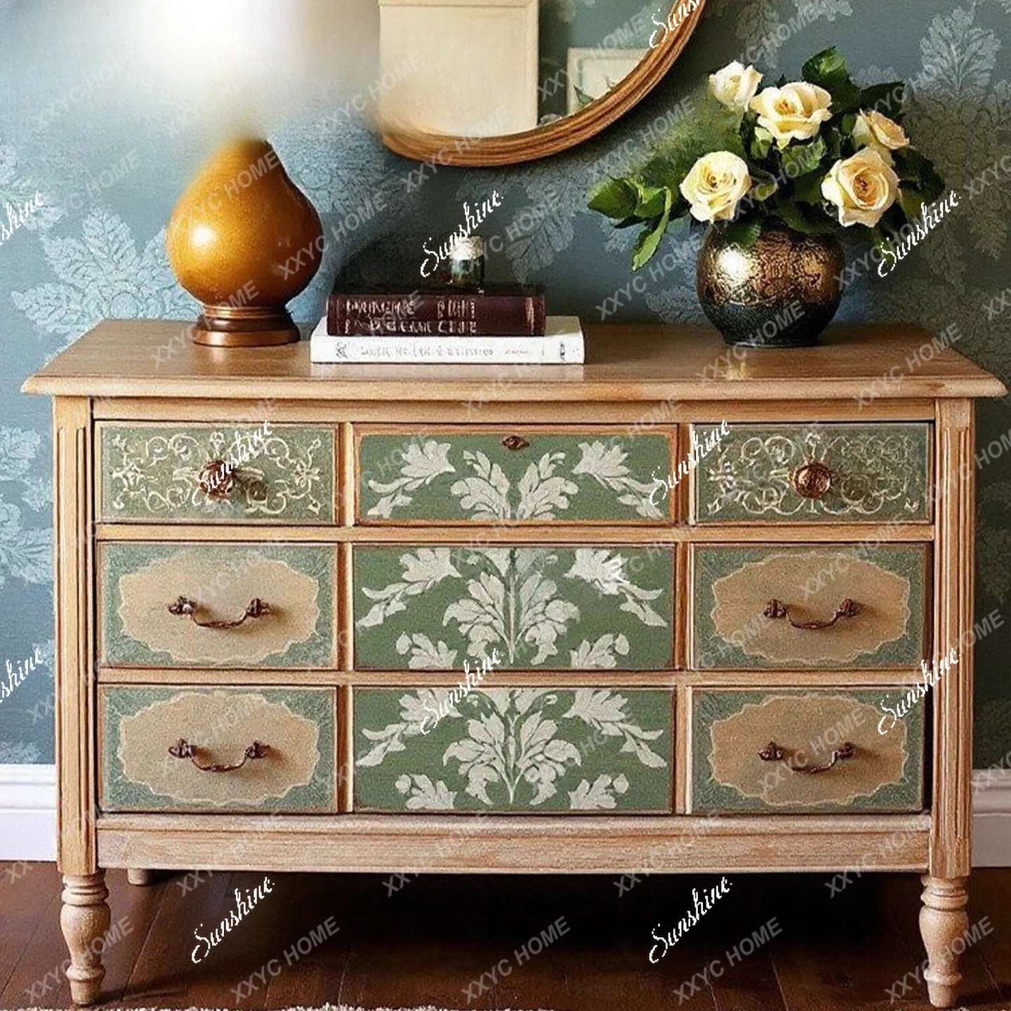 AA vintage solid wood painting floral pattern small apartment living room chest of drawers storage cabinet